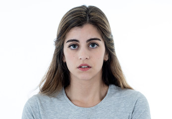 Fototapeta premium Portrait of sad depressed woman in shock receiving bad news.Human expressions and emotions