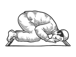 Praying muslim man in prayer bow sketch engraving vector illustration. Scratch board style imitation. Black and white hand drawn image.