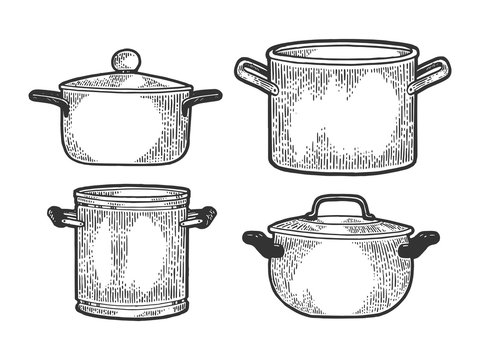 Pan Casserole Pot Set Kitchen Utensils Sketch Engraving Vector  Illustration. Scratch Board Style Imitation. Black And White Hand Drawn  Image. Royalty Free SVG, Cliparts, Vectors, and Stock Illustration. Image  128502747.