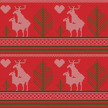 Seamless pattern of a knitted sweater, reindeer love, fir, heart, humor. Printing, textile paper. Vector image.