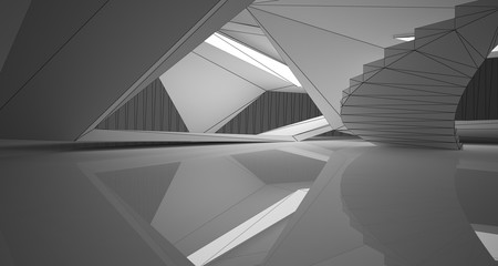 Fototapeta premium Abstract architectural white interior of a minimalist house with neon lighting. Drawing. 3D illustration and rendering.