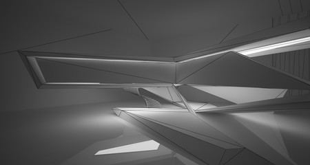 Abstract architectural white interior of a minimalist house with neon lighting. Drawing. 3D illustration and rendering.