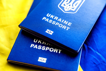 Two Ukrainian biometric passports on the background of the Ukrainian flag.