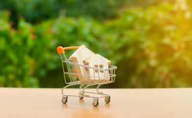 Two wooden houses in a trading cart on nature background. Attractive investing. rising prices....