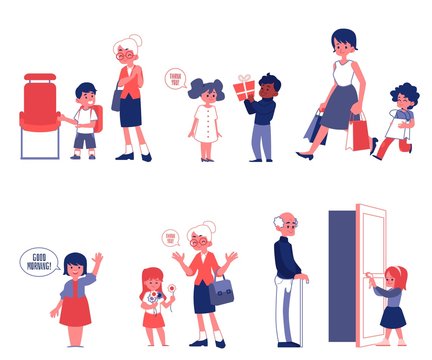 Polity and good manners set of flat vector Illustrations isolated on a white.