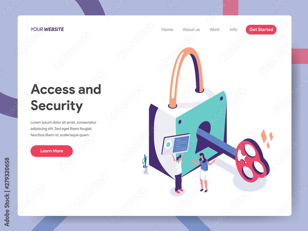 Poster landing page template of access and security illustration concept. isometric design concept of web p