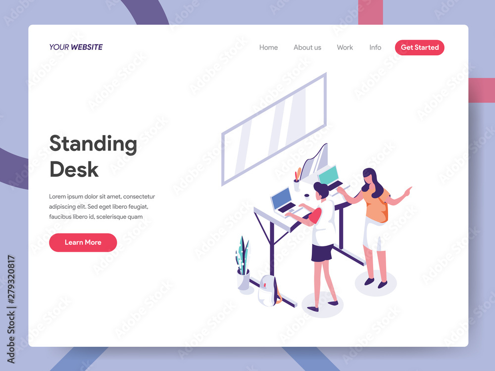 Poster landing page template of standing desk illustration concept. isometric design concept of web page de