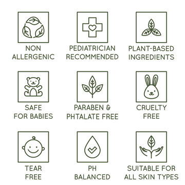 Vector set of design elements, logo design templates, icons and badges for natural and organic cosmetics and skincare for babies in trendy linear style - safe for newborns products