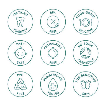 Vector set of design elements, logo design templates, icons and badges for natural and organic cosmetics in trendy linear style - safe for babies products