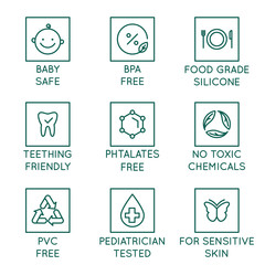 Vector set of design elements, logo design templates, icons and badges for natural and organic cosmetics in trendy linear style - safe for babies products
