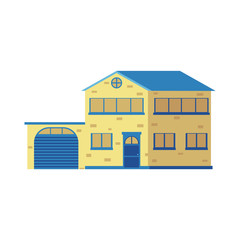 Yellow double decker, two-storied house in flat cartoon style, vector illustration.