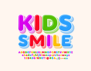 Vector playful logo Kids Smile. Colorful creative 3D Font. Bright Letters, Numbers and SYmbols