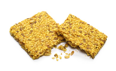 Protein, multi seeds bar with sesame and turmeric, isolated on white background