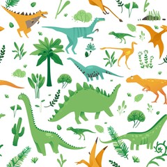 Seamless pattern with cute cartoon dinosaurs, plants and in flat style.