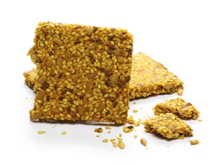 Protein, multi seeds bar with sesame and turmeric, isolated on white background