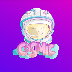 Astronaut, cosmonaut girl in space cosmos helmet with word Cosmic and clouds on bottom. Cute cartoon vector illustration of rebel brave girl, space adventure, girl power concept. Feminist girl