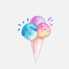 ice cream scoop cartoon icon. Cute strawberry, bubble gum, orange scoops in ice cream cone, vector cartoon icon. Illustration of colored Ice cream Scoops cartoon icon with melted splashes of icecream