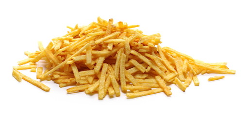 Tomato flavored potato chip sticks isolated on white background