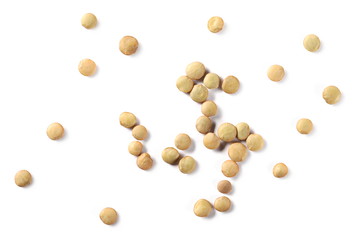 Green lentils pile isolated on white background, top view