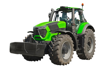 Big green agricultural tractor isolated on a white background