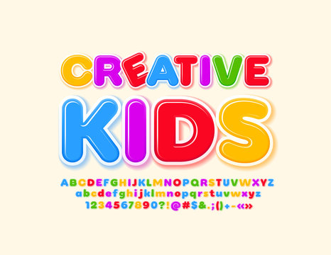Vector bright logo Creative Kids with glossy Font. Colorful Alphabet set