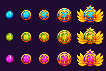 Gems award progress. Golden amulets set with round jewelry. Vector icons assets for game design on separate layers © babysofja