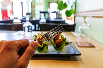 Healthy appetizer in restaurant. A close-up view of a person holding a fork inside a modern bistro, preparing to eat lunch, first person perspective with copy space to the top.