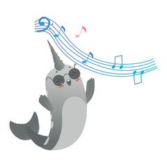 Cute cartoon gray narwhal in black glasses sings or listens to music. © sabelskaya