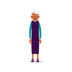 Modern african old women. Older black lady retired. Happy grandmother standing and smiling. Traditional retirement lifestyle. Cartoon illustration isolated on white background in flat style