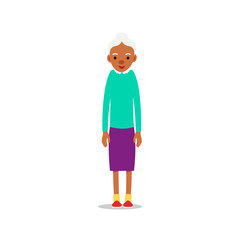 Modern african old women. Older black lady retired. Happy grandmother standing and smiling. Traditional retirement lifestyle. Cartoon illustration isolated on white background in flat style