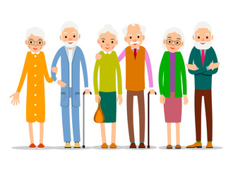 Cartoon character old group. Older people are standing together and smiling. Retired elderly senior age couple. Happy aged friends. Female male symbol. Flat illustration isolated on white background