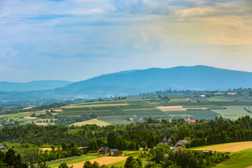 agricultural fields in the island beskids at sunset