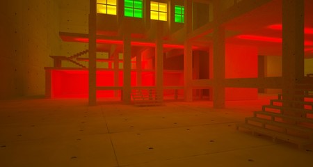 Abstract architectural concrete and coquina interior of a minimalist house with color gradient neon lighting. 3D illustration and rendering.