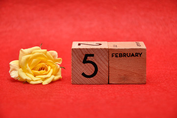 5 February on wooden blocks with a yellow rose on a red background