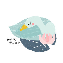 Little sleeping swan ans quote. Kids cute pastel print. Vector hand drawn illustration.