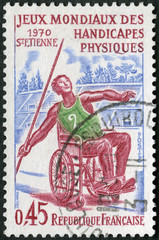 FRANCE - 1970: shows Handicapped Javelin Thrower, Issued to publicize the International Games of the Handicapped, St Etienne, June 1970