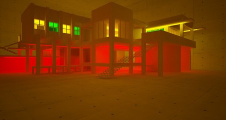 Abstract architectural concrete and coquina interior of a minimalist house with color gradient neon lighting. 3D illustration and rendering.