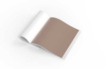 Magazine with rolled white paper pages isolated on white background. blank book, catalogue or brochure with folded sheets mock up. 3d illustration
