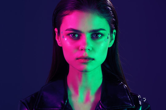 beautiful woman colored light neon spotlight portrait