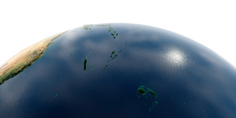 Detailed Earth on white background. South Pacific. Fiji, New Caledonia, Solomon Islands
