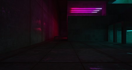 Abstract architectural concrete and black interior of a minimalist house with color gradient neon lighting. 3D illustration and rendering.