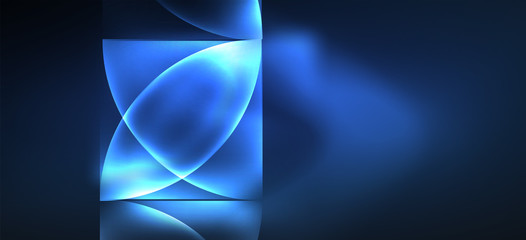 Colorful blue neon shape round triangle in modern style on light background. Dark space, futuristic technology template. Glowing blue neon effect.