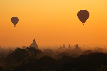 Hot air balloon in the sunset of Bagan Myanmar