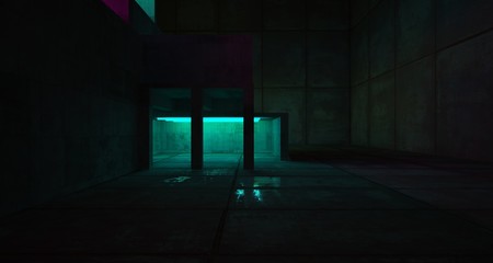 Abstract architectural concrete and black interior of a minimalist house with color gradient neon lighting. 3D illustration and rendering.
