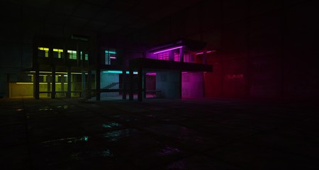 Abstract architectural concrete and black interior of a minimalist house with color gradient neon lighting. 3D illustration and rendering.