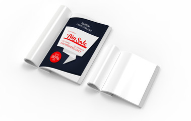 Magazine with rolled white paper pages isolated on white background. blank book, catalogue or brochure with folded sheets mock up. 3d illustration
