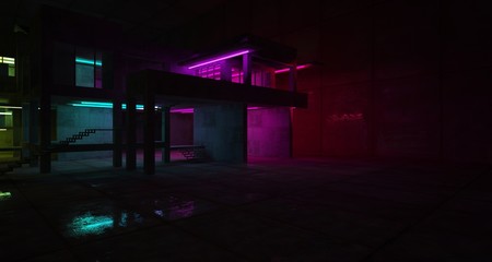 Abstract architectural concrete and black interior of a minimalist house with color gradient neon lighting. 3D illustration and rendering.