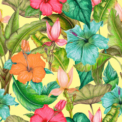 Fototapeta na wymiar Seamless tropical pattern of exotic flowers,tropical leaves