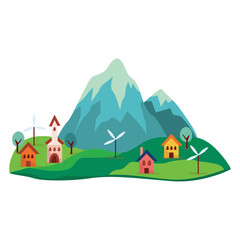 Grey, blue cartoon mountain with green hills, cute colorful houses, trees and windmills at the foot of the rock.