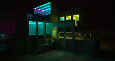 Abstract architectural concrete and black interior of a minimalist house with color gradient neon lighting. 3D illustration and rendering.